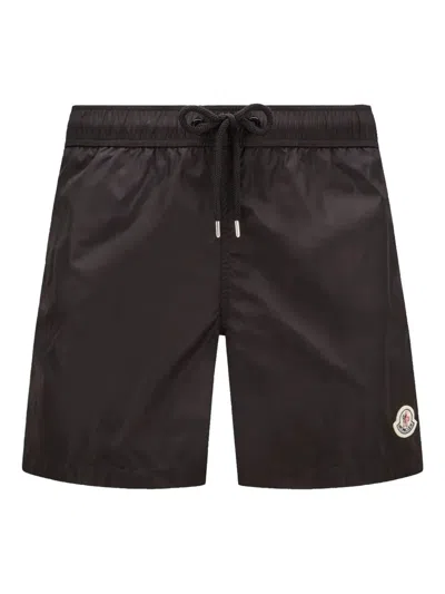 Moncler Logo Patch Swim Shorts With Elastic Waist In Black
