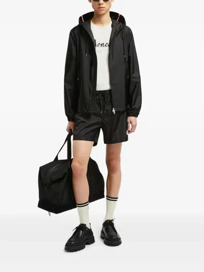 Moncler Logo Patch Swim Shorts With Elastic Waist In Black