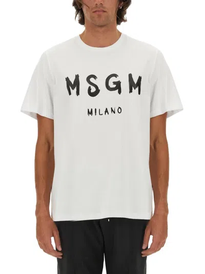 Msgm Tshirt Con Logo Pennellato In White
