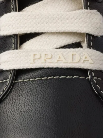 Prada Handcrafted Leather Sneakers Geometric Stitching In Black