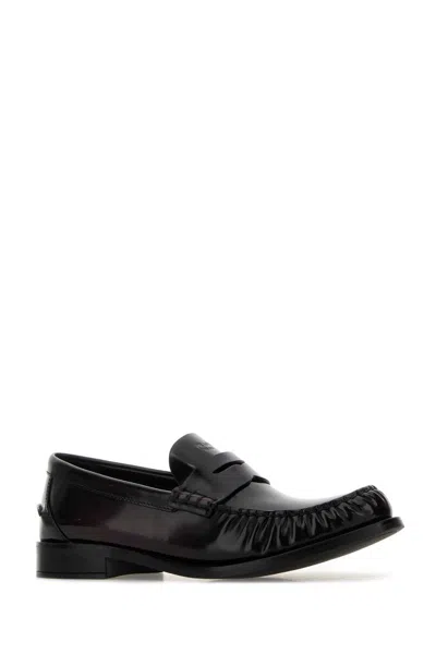 Prada Dark Brown Leather Loafers In Black