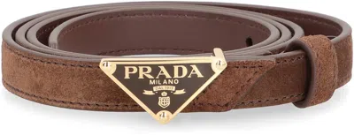 Prada Triangular Buckle Leather Belt In Brown