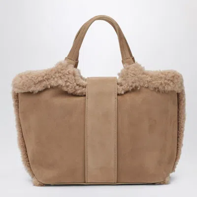 Roger Vivier Mini Leather Tote Bag With Shearling Trim In Neutral