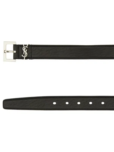 Saint Laurent Cassandre Buckle Grained Leather Belt In Black