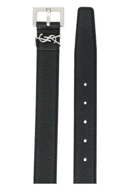 Saint Laurent Grained Leather Cassandre Thin Belt With Square Buckle Accessories In Black