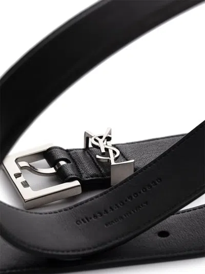 Saint Laurent Cassandre Buckle Grained Leather Belt In Black