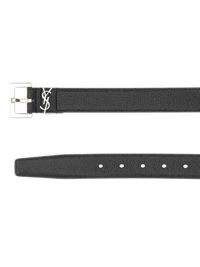 Saint Laurent Grained Leather Cassandre Thin Belt With Square Buckle Accessories In Black