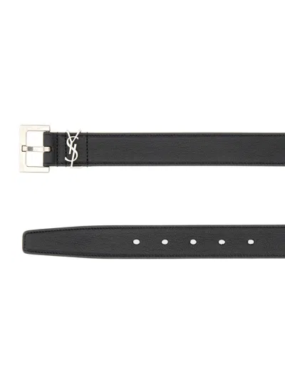 Saint Laurent Cassandre Buckle Grained Leather Belt In Black