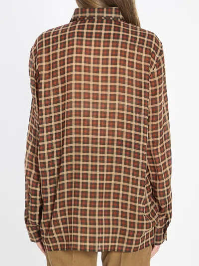 Saint Laurent Wool Shirt Jacket Bow Detail Checks In Brown
