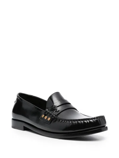 Saint Laurent Leather Fringed Loafers With Metal Studs In Black