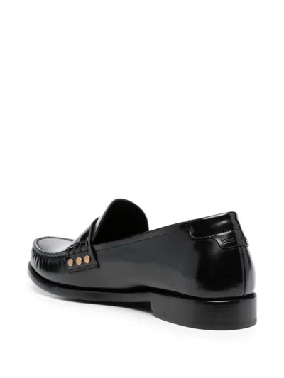 Saint Laurent Leather Fringed Loafers With Metal Studs In Black