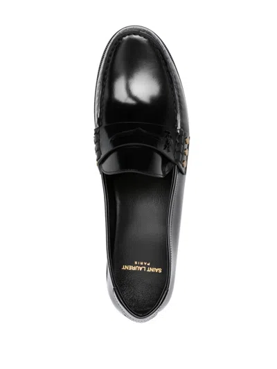 Saint Laurent Leather Fringed Loafers With Metal Studs In Black