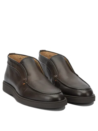 Santoni Ankle Boots With Round Toe And Rubber Sole In Brown