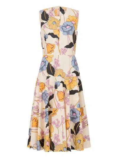 Marni Poplin Midi Dress With Melody Print Clothing In Neutral