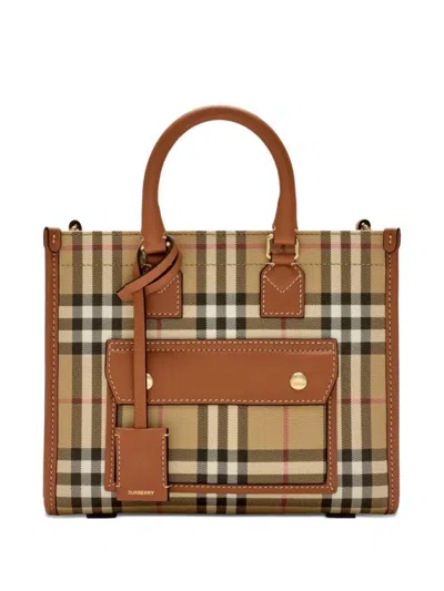 Burberry Mini Freya Tote In Check Coated Cotton Blend Bags In Brown