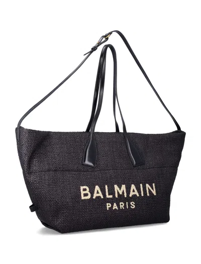 Balmain Track Tote Raffia Medium In Black