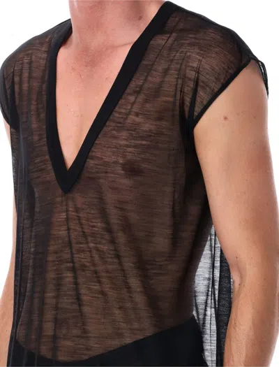 Rick Owens Black Sheer Wool Deep V Tank In Black