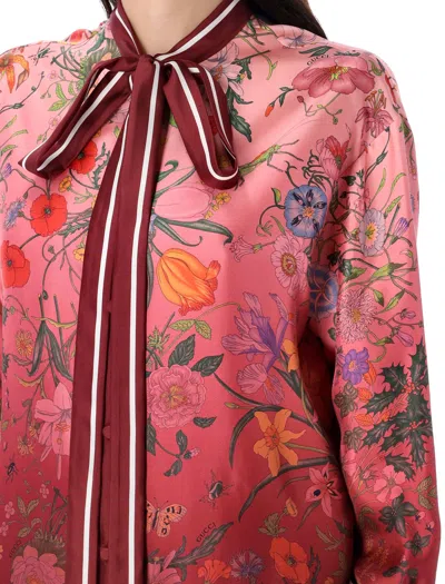 Gucci Bordeaux Shirt With Collar With Bow And All-over Flora Print In Silk Woman In Multi