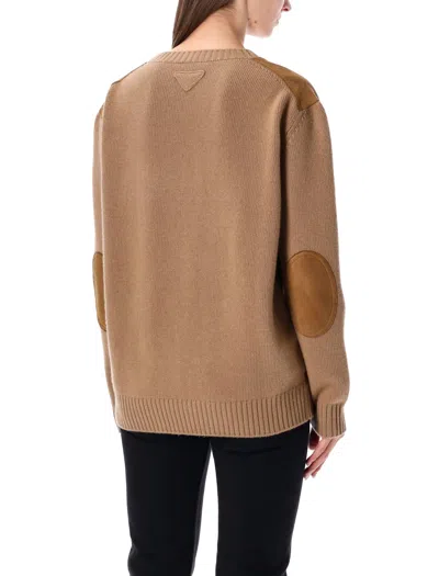 Prada Wool And Cashmere Sweater With Lambskin Front In Brown