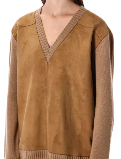 Prada Wool And Cashmere Sweater With Lambskin Front In Brown