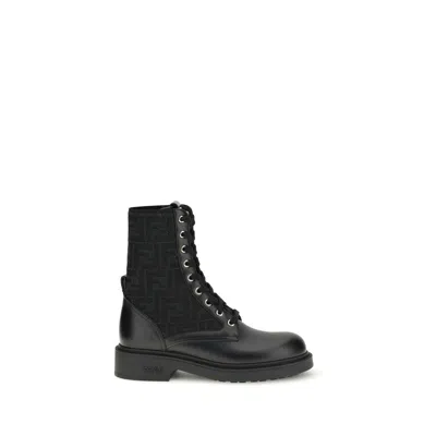 Fendi Black Calf Leather Bos Taurus Lace-up Boots In Black