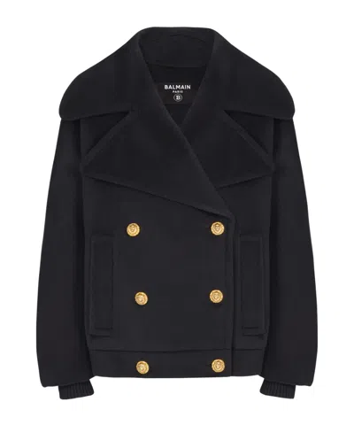 Balmain Wool 4-buttons Pea Coat In Black