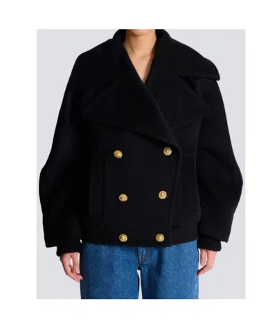 Balmain Wool 4-buttons Pea Coat In Black