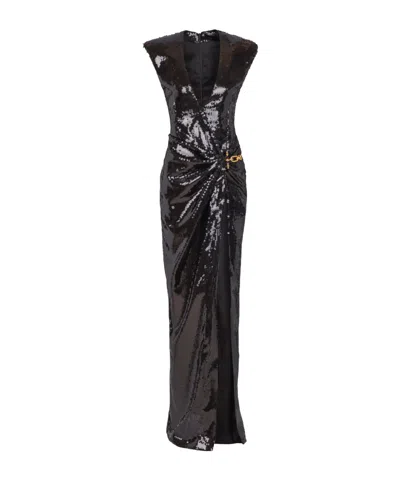 Balmain Long Draped Sequin Dress With Embellished Detail In Black