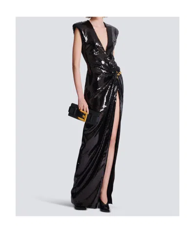 Balmain Long Draped Sequin Dress With Embellished Detail In Black