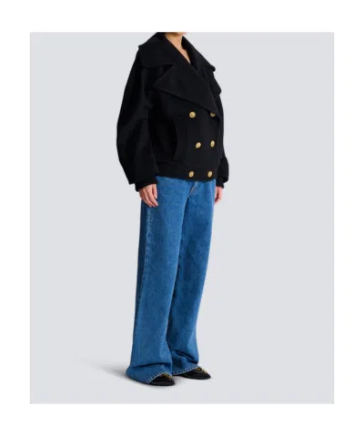 Balmain Wool 4-buttons Pea Coat In Black