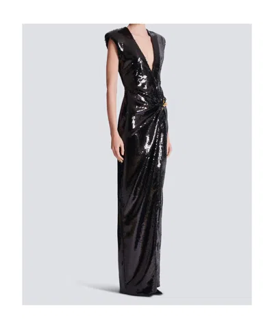 Balmain Long Draped Sequin Dress With Embellished Detail In Black