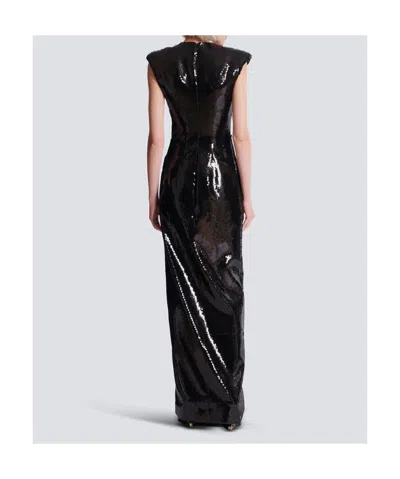 Balmain Long Draped Sequin Dress With Embellished Detail In Black