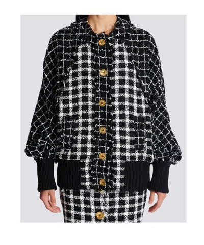 Balmain Oversized Bomber Jacket In Mixed Tweed In Black