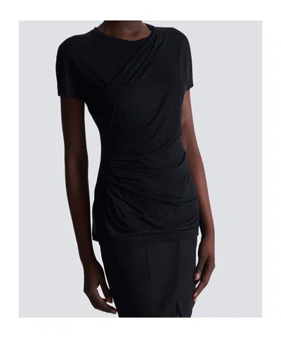 Balmain Black Round Neck Draped Design T-shirt In Black