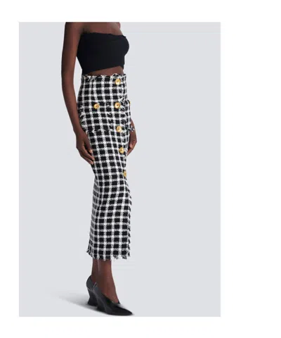 Balmain Button-front Check Tweed Maxi Skirt In Black