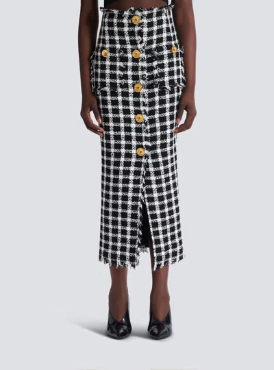 Balmain Button-front Check Tweed Maxi Skirt In Black