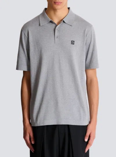 Balmain Embroidered Cotton Polo In Gray