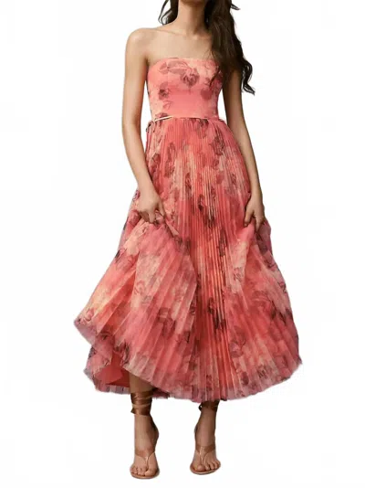 Hutch Costella Strapless Pleated Floral Tulle Midi Dress In Pink Blush In Animal Print