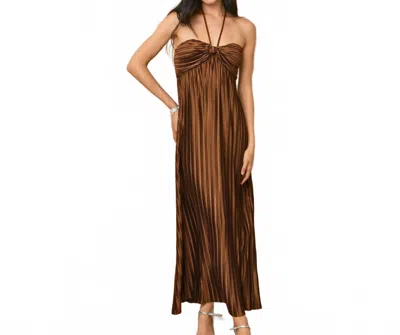 Dress Forum Pleated Halter Neck Maxi Dress In Shimmer Brown In Brown