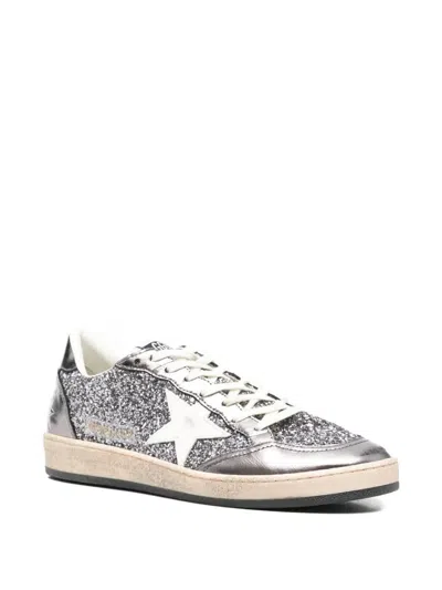 Golden Goose Ballstar Sneakers In Laminated Leather And Glitter In Gray