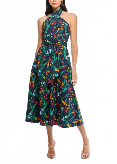 Shoshanna Beekman Halter Midi Dress In Navy Multi In Blue