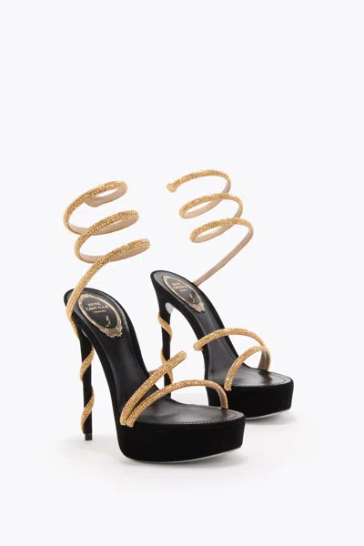 René Caovilla Margot Black And Gold Platform Sandal 130 In Black