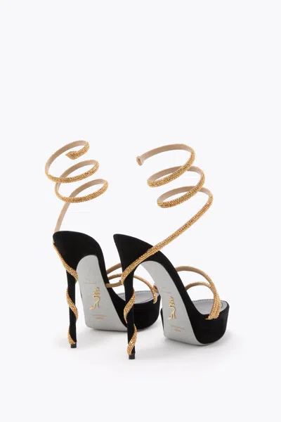 René Caovilla Margot Black And Gold Platform Sandal 130 In Black