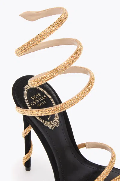 René Caovilla Margot Black And Gold Platform Sandal 130 In Black