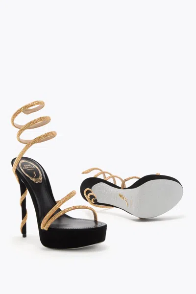 René Caovilla Margot Black And Gold Platform Sandal 130 In Black