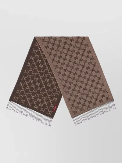 Gucci Canvas Signature Lux Scarf Fringed Edges In Brown