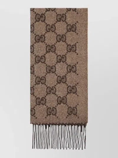 Gucci Canvas Signature Lux Scarf Fringed Edges In Brown
