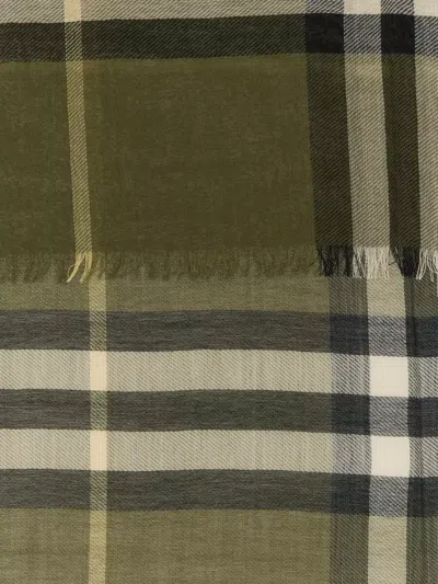 Burberry Wool Scarf Checked Pattern Fringed Edges In Green
