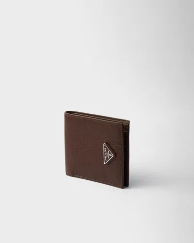 Prada Grained Leather Bi-fold Wallet In Brown