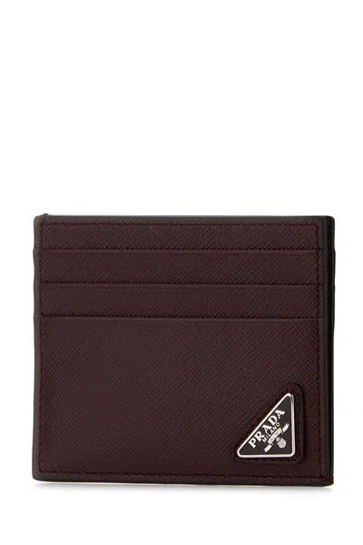 Prada Grape Leather Card Holder In Burgundy
